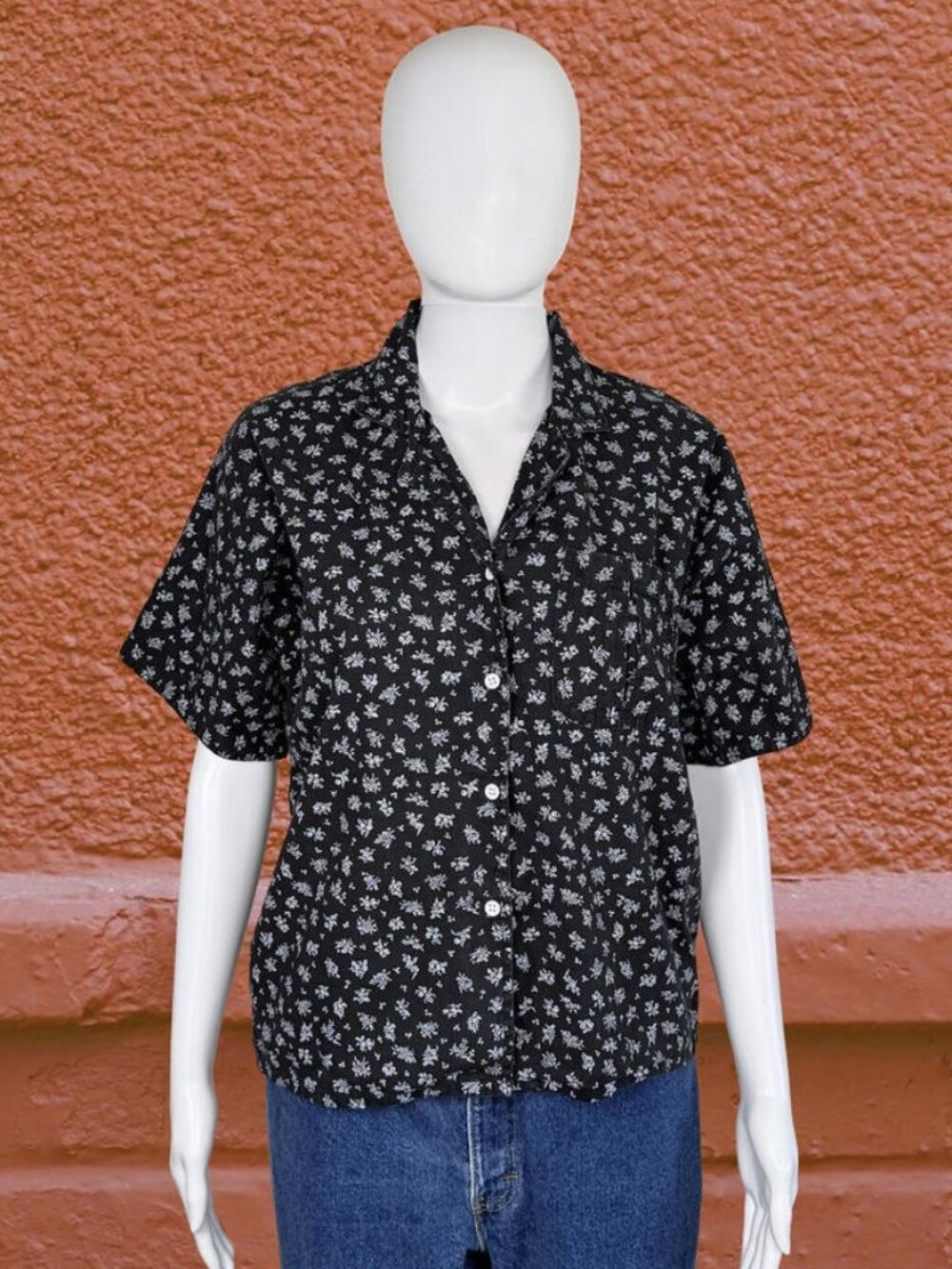 Vintage 90s Black Floral Button-Up Blouse, Lightweight Short Sleeve Shirt M/L